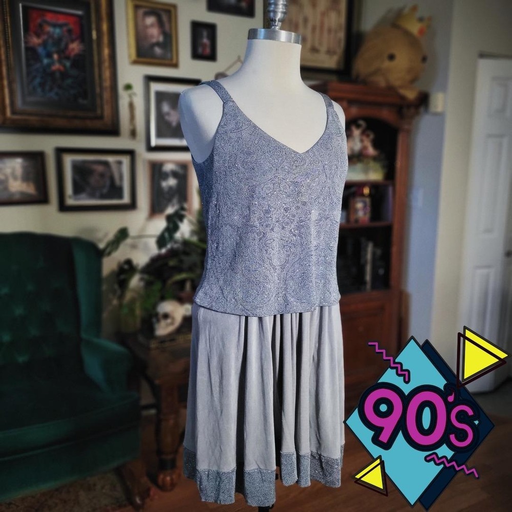 Alex‎ Evenings Midi Dress Vintage 90s V Neck Tank Top Flowy Skirt Gray
